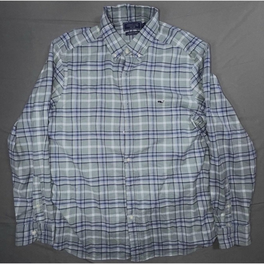 Vineyard Vines Whale Shirt Mens L Green Plaid Long Sleeve Button Up Classic